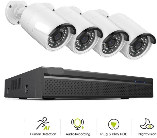 Beveiligingscamerasysteem - 3MP Camera - 8CH NVR - Menselijke - AI-detectie - Openlucht - Buiten - Draadloos - CCTV camerasysteem - IP66 Waterdichte - Bewakingscamera - Beveiligingscamera - Bedraad CCTV Systeem met Audio en Nachtzicht - 4 Stuks - Wit van Anlapus