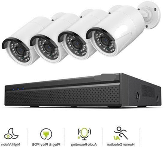 Beveiligingscamerasysteem - 3MP Camera - 8CH NVR - Menselijke - AI-detectie - POE - Buiten - Draadloos - IP66 Waterdichte - Bewakingscamera - Beveiligingscamera - Bedraad CCTV Systeem met Audio en Nachtzicht - 1TB Harde Schijf - 4 Stuks - Wit