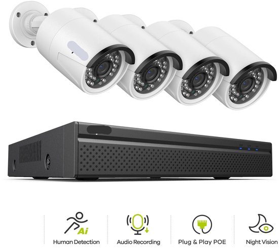 Beveiligingscamerasysteem - 3MP Camera - 8CH NVR - Menselijke - AI-detectie - POE - Buiten - Draadloos - IP66 Waterdichte - Bewakingscamera - Beveiligingscamera - Bedraad CCTV Systeem met Audio en Nachtzicht - 2TB Harde Schijf - 4 Stuks - Wit van Sannce