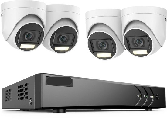 Beveiligingscamerasysteem - 5MP Camera - 8-Kanaals - Openlucht - Buiten - CCTV camerasysteem - IP67 Waterdichte - Bewakingscamera - Beveiligingscamera - Dual Light PIR Detectie – H.265+ DVR Recorder zonder HDD - 4 stuk - Wit