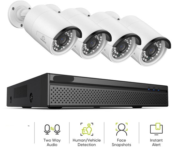 Beveiligingscamerasysteem - 8MP Camera - 8CH NVR - Menselijke - AI-detectie - POE - Openlucht- IP66 Waterdichte - Bewakingscamera - Ultra HD IP Camera’s - Beveiligingscamera - Bedraad CCTV Systeem zonder Harde Schijf - 4 Stuks - Wit van Sannce