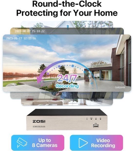 Beveiligingscamerasysteem - Bewakingscamera - Beveiligingscamera - 8CH 5MP 1080p - Binnen/Buiten - 4 stuks - 1/4'' Color CMOS - Wit