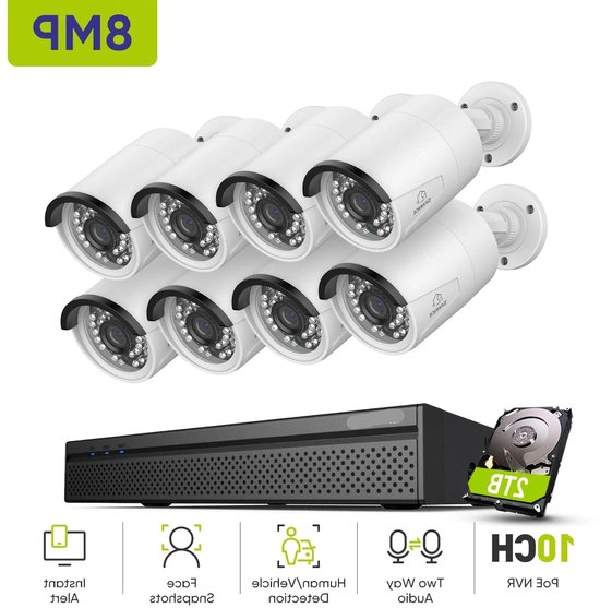 Beveiligingscamerasysteem - Camerabewaking - Beveiligingscamera - 4K Ultra HD - POE Camera Set - 8MP IP Camera's - Nachtzicht 30m - Slimme Bewegingsdetectie - Buiten & Binnen - 2TB