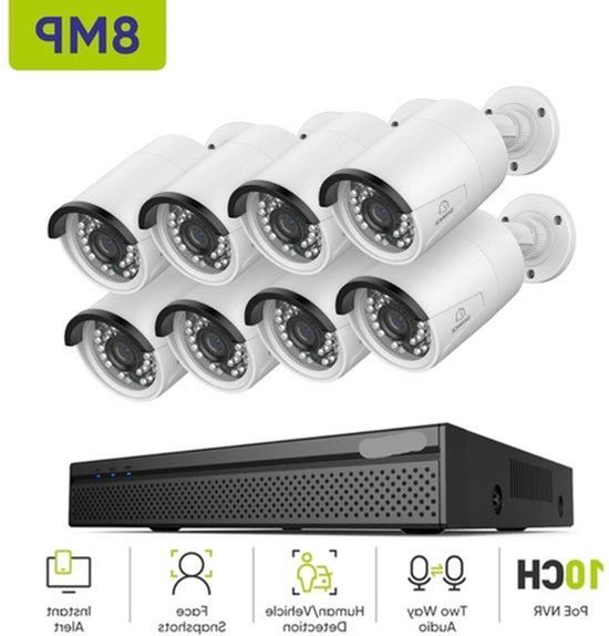 Beveiligingscamerasysteem - Camerabewaking - Beveiligingscamera - 4K Ultra HD - POE Camera Set - 8MP IP Camera's - Nachtzicht 30m - Slimme Bewegingsdetectie - Buiten & Binnen