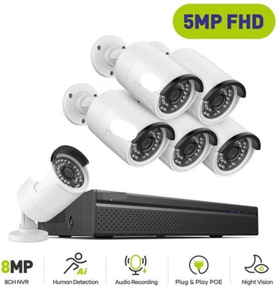 Beveiligingscamerasysteem - Camerabewaking - Beveiligingscamera - POE Camera Kit - Audio & Bewegingsdetectie - 4K HDMI Output - 8CH NVR - 6 Camera's - Nachtzicht - Waterdicht - Binnen en Buiten - Ingebouwde HDD: 1TB