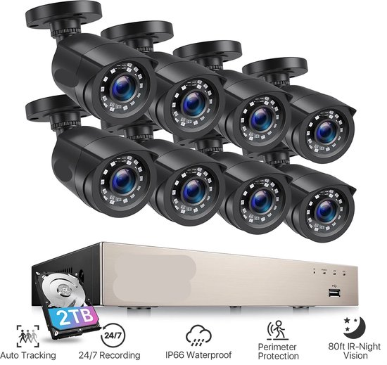 Beveiligingscamerasysteem - CCTV Camerasysteem - 265+ 5MP Lite DVR - 8-Kanaals - Openlucht- IP66 Waterdichte - Bewakingscamera - Beveiligingscamera - 1080p Camera – Nachtzicht – Complete Video Surveillance Kit - 1TB Harde Schijf - 8 Stuks - Zwart van Zosi