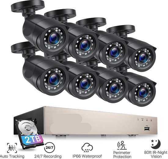 Beveiligingscamerasysteem - CCTV Camerasysteem - 265+ 5MP Lite DVR - 8-Kanaals - Openlucht- IP66 Waterdichte - Bewakingscamera - Beveiligingscamera - 1080p Camera – Nachtzicht – Complete Video Surveillance Kit - Zonder Harde Schijf - 8 Stuks - Zwart van Lynxtron.