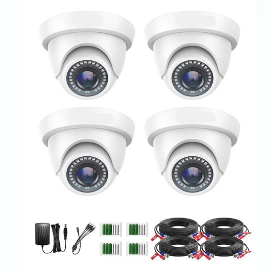 Beveiligingscamerasysteem - CCTV Camerasysteem - 2MP HD - 1080P Camera - Openlucht- IP66 Waterdichte - Bewakingscamera - Beveiligingscamera - Dome CCTV Camera Set voor Binnen en Buiten – Compatibel met HD-TVI en DVR Systeem - 4 Stuks - Wit van Merkloos