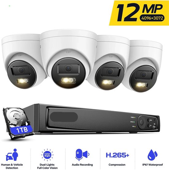 Beveiligingscamerasysteem - CCTV Camerasysteem - Beveiligingscamera - Camerabewaking - met Nachtzicht - 12MP - 8 PoE Camera's en NVR - 4K HDMI - Audio - Bewegingsdetectie - Ingebouwde HDD: 1TB van Jore KT