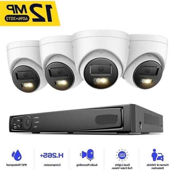 Beveiligingscamerasysteem - CCTV Camerasysteem - Beveiligingscamera - Camerabewaking - met Nachtzicht - 12MP - 8 PoE Camera's en NVR - 4K HDMI - Audio - Bewegingsdetectie - Ingebouwde HDD: Geen