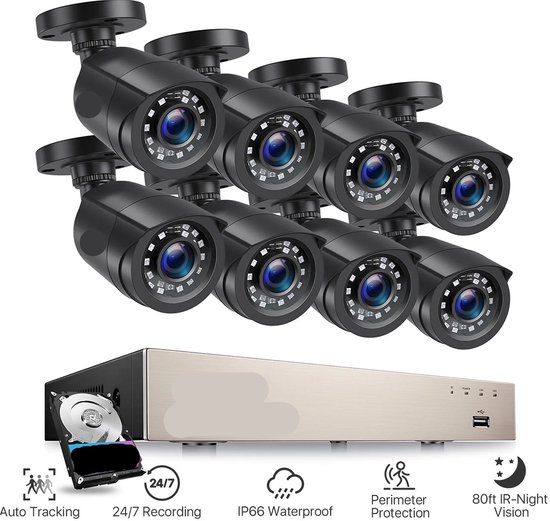 Beveiligingscamerasysteem - CCTV Camerasysteem - H.265+ 5MP Lite DVR - 8-Kanaals - IP66 Waterdichte Bewakingscamera's - 1080p Camera - Nachtzicht - Complete Video Surveillance Kit - Zonder Harde Schijf - 8 Stuks - Zwart van Anlapus