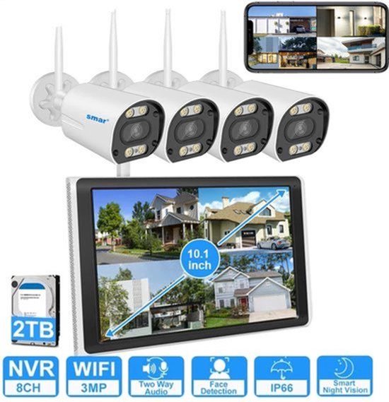 Beveiligingscamerasysteem - Draadloos - 3MP - 8CH NVR en 10.1” LCD - Openlucht- IP66 Waterdichte - Wifi - Bewakingscamera - Beveiligingscamera - Full Color Nachtzicht en Gezichtsdetectie - 500GB HDD - 4 Stuks - Wit