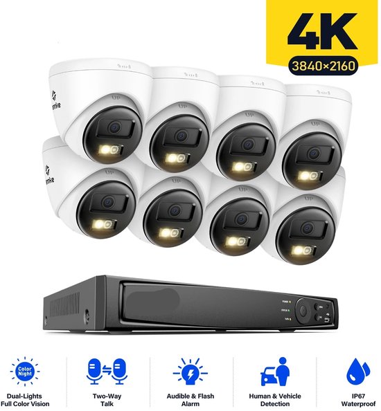 Beveiligingsset – 8-kanaals Camera Installatieset – Video Bewaking – 4K Beveiliging – 8MP Camera’s – Mens- En Voertuigdetectie - Ingebouwde HDD: 4T van Merkloos