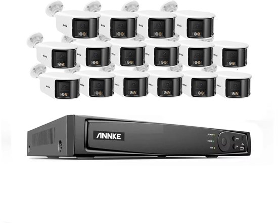 Beveiligingssysteem – CCTV Set – IP Camera Systeem – Surveillance Camera – 16-Kanaals NVR Recorder – 16x 8MP Dual-Lens Camera’s – 180° Panoramisch Zicht – Actieve Afsluiting Met Geluid En Licht van Merkloos
