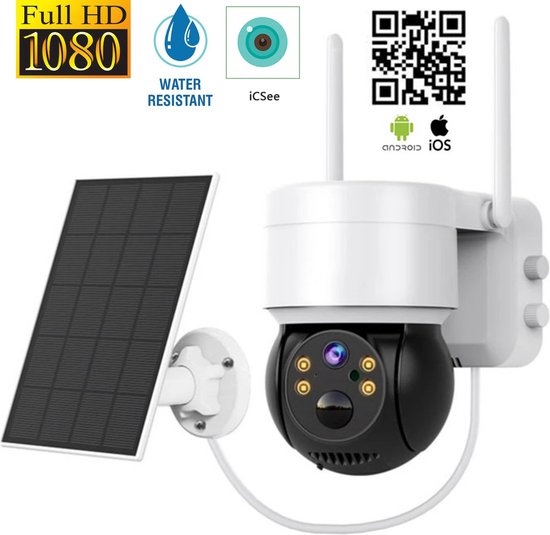 Beveilingscamera - Buitencamera Met Zonnepaneel - Solar - Op Zonne Energie - Draadloos - Draaibaar en kantelbaar - Wifi Smart Waterproof IP66 - 1080P HD - Nachtzicht - Met Recorder - Dome IP Camera van Merkloos