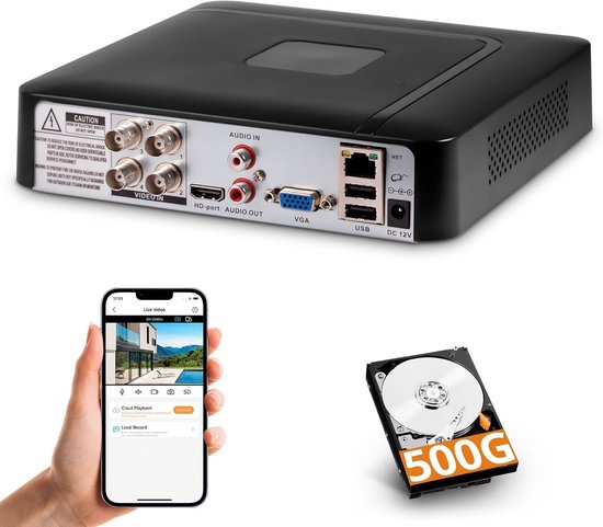 Bewakings DVR Recorder - CCTV Recorder Videorecorder - Beveiliging Thuis - 5MP H.265+ Codering - 4 Kanaals - Zwart