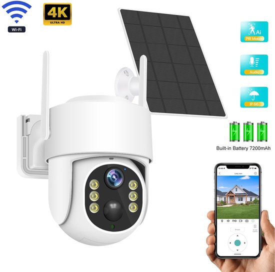 Bewakingscamera met zonne-energie - 4K UHD draadloze buiten camera - PIR bewegingsdetectie, kleuren nachtzicht en tweerichtingsaudio - Voor binnen en buiten