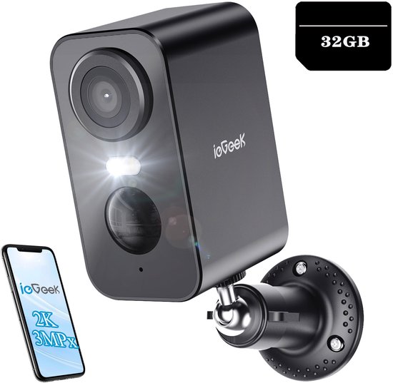 Bewakingscamera op batterij - draadloze audio ip wifi 3mpx - dubbelzijdige audio beveiligingscamera - voor thuis met - zonnepaneel pir bewegingsdetectie - kleuren nachtzicht cctv ip camera security - 32GB-KAART van Merkloos