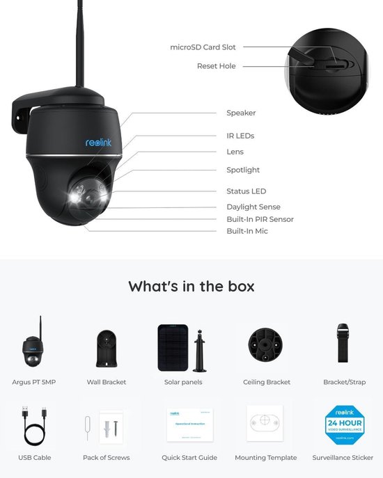 Bewakingscamera Solar Outdoor Camera 5MP 355°-140° Kantel Batterij IP-camera Personen-Auto-Tiererkennung 2.4-5GHz Wi-Fi Time Lapse 2-way Gesprek Argus PT + solar panel zwart van Reolink