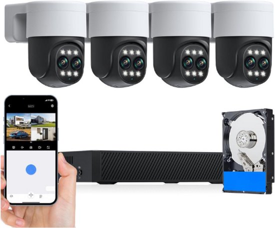 Bewakingscameraset Met Dubbele Lens - 8CH 3TB NVR Met 4x PoE IP-Camera's Voor 24/7 Opname - 2-Weg Audio - Automatische Tracking - PTZ - Nachtzicht In Kleur - Sirene-Alarm van Merkloos