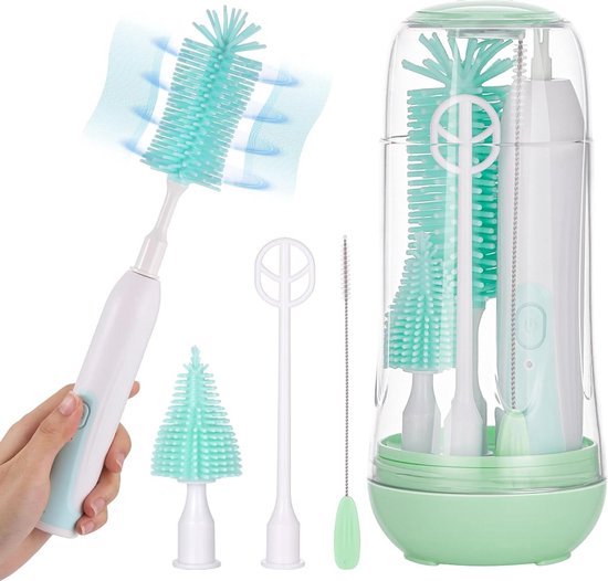 Blyx® - Flessenborstel Baby - Elektrisch - Flessenreiniger - 5-in-1 voor Babyflessen - Met Droogrek - Desinfectie - Voor Onderweg en Thuis - Groen van Blyx