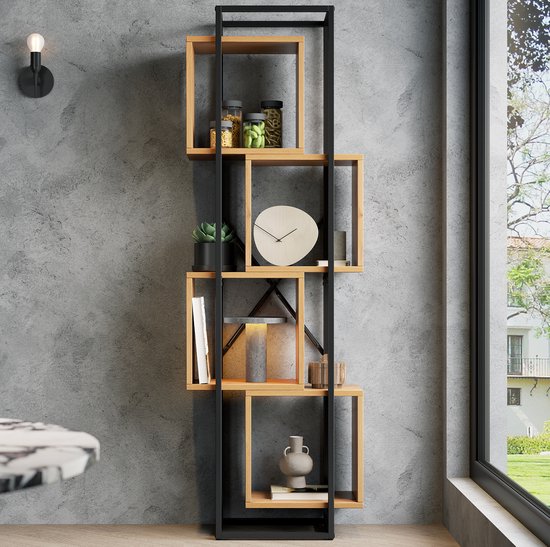 Boekenkast - 59 x 30 x 180 cm - 4 open vakken - MDF en metaal - Zwart Bruin - Voor boeken en decoratie