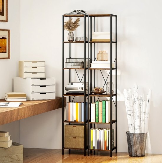 Boekenkast 6 Lagen – 2-Delig Stalen Frame Met X-Versteviging – 30 X 30 X 174,5 Cm – Hout – Rustiek Bruin – Voor Woonkamer, Kantoor En Slaapkamer