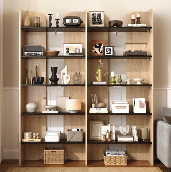 Boekenkast - Open Opbergsysteem - 160 × 135 × 25 cm - PB-Platen - Naturel-Zwart - 5 Etages - Wandplaatsing