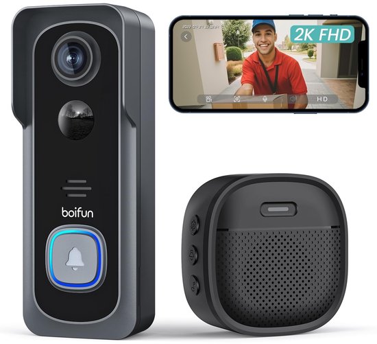 BOIFUN 2K Ultra HD Slimme Draadloze Video Deurbel Met Camera - Video Deurbel Zonder Abonnement - Video Deurbel met Camera - Deurbel Draadloos WiFi - 166° Breed Gezichtsveld - Incl. Gong van Merkloos