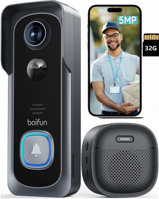 BOIFUN Draadloze Videodeurbel met Camera - Video Doorbell - 5MP HD - Eenvoudige installatie - Live videogesprek - Mens- en bewegingsdetectie - HDR Nachtzicht - Alleen 2.4 GHz WiFi - Met 32GB TF-Karrt