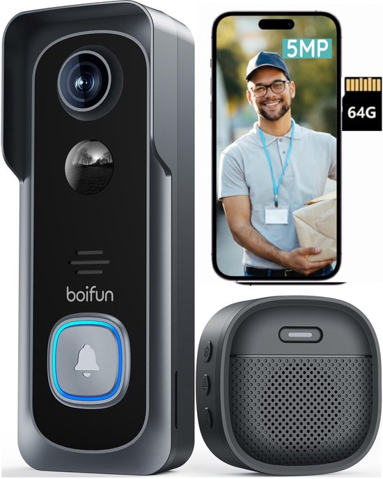 BOIFUN Draadloze Videodeurbel met Camera - Video Doorbell - 5MP HD - Eenvoudige installatie - Live videogesprek - Mens- en bewegingsdetectie - HDR Nachtzicht - Alleen 2.4 GHz WiFi - Met 64GB TF-Karrt