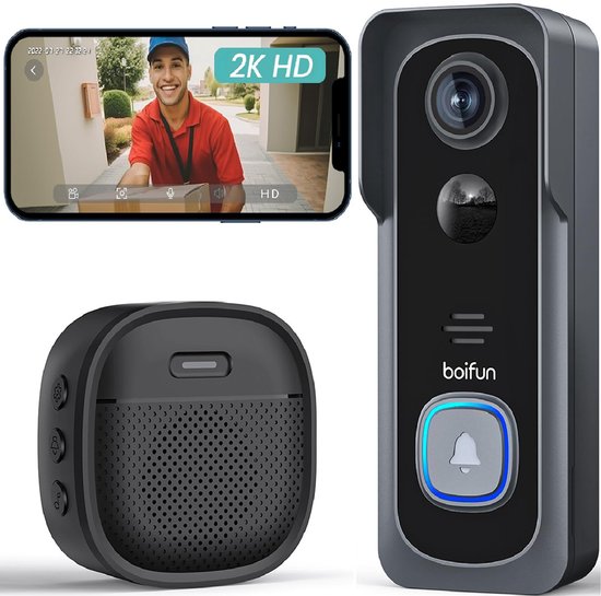 BOIFUN J1 Slimme Video Deurbel met Camera - Deurbelcamera draadloos - 2K-videodeurbel met bel - 2-weg audio - directe waarschuwing - Live videogesprek, 24/7 opname, Mens- en bewegingsdetectie - 2,4G wifi - Geen abonnementskosten van Merkloos