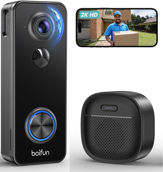 BOIFUN J7 Slimme Video Deurbel met Camera - Video Doorbell - MP Ultra HD - Wifi deurbel - Nachtzicht - Draadloos/Batterij - Live videogesprek, 24/7 opname, Mens- en bewegingsdetectie - Zwart van Merkloos