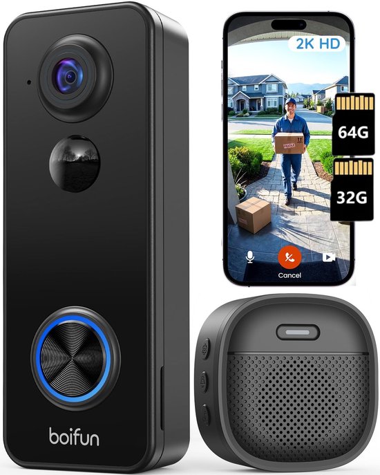 BOIFUN Video Deurbel met Camera - Draadloze deurbel - 2K HD - Inclusief Binnenbel & Batterijen & 32GB 64GB kaart - Zonder abonnement - AI-mensdetectie - Tweeweg Audio - Deurbel met camera van Merkloos