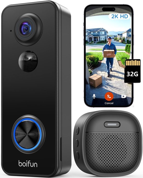 BOIFUN Video Deurbel met Camera - Draadloze deurbel - 2K HD - Inclusief Binnenbel & Batterijen & 32GB kaart - Zonder abonnement - AI-mensdetectie - Tweeweg Audio - Deurbel met camera van Merkloos