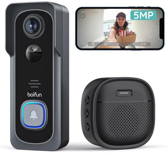 BOIFUN Video Deurbel - Video Deurbel met Camera - 2K/5MP Resolutie - Nachtzicht - Live Videogesprek - 24/7 Opname - Mens- en Bewegingsdetectie van Merkloos