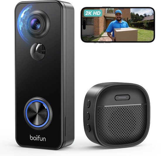 Boifun Video Doorbell J7 - 2K HD - Battery - Easy Installation - Night vision - AI-Mensdetectie & Waarschuwing - No Subscription Fees van Merkloos