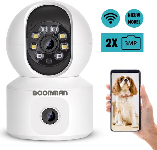 BOOMMAN® Beveiligingscamera - Huisdiercamera met App- WiFi - 3 MegaPixel - Dubbele Camera - Beweeg en geluidsdetectie - Petcam met app - Indoor camera - Hondencamera van BOOMMAN®