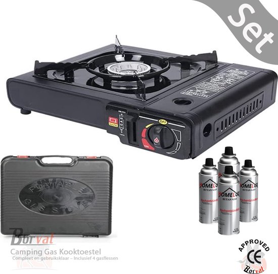 Borvat® Camping Gas Kooktoestel – Draagbaar Gasfornuis met 4 Gasflessen – Outdoor Gaspit – Kookstel voor Kamperen & Camper van Borvat