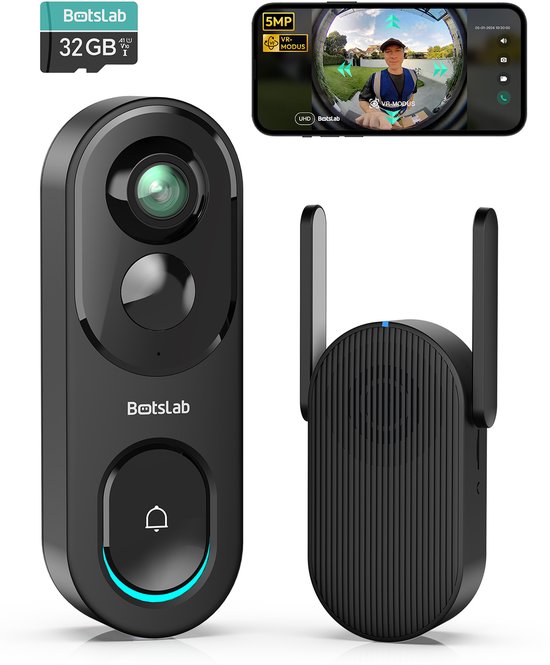 BOTSLAB 5 MP batterij deurbel met camera, draadloze videodeurbel met 1:1 hoofd tot voetweergave, 360° slimme video-deurbel met AI/radar/PIR-detectie, 2,4 GHz wifi, 2-weg audio, zonder maandelijkse van Botslab