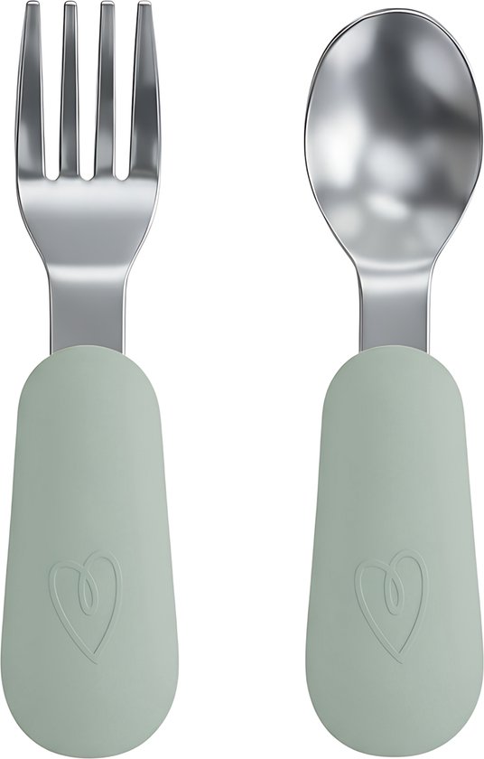 Broemba RVS Kinderbestek - Baby Lepel & Baby Vork met siliconen grip - 100% BPA-vrij Babybestek - Kinder Lepeltje en Vorkje - Groen Peuterbestek van Broemba