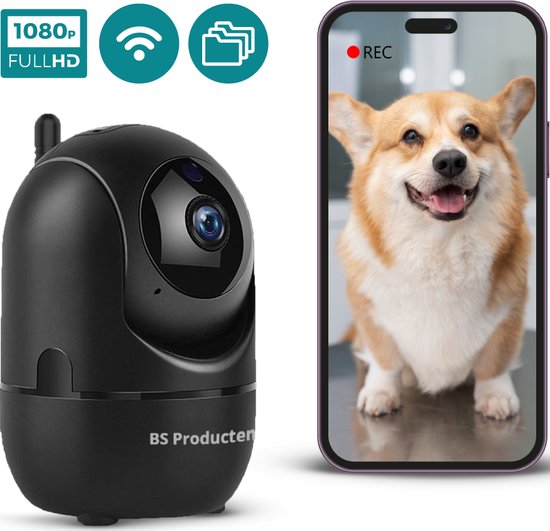 BS producten Beveiligingscamera - Huisdiercamera - WiFi - Full HD - Beweeg en geluidsdetectie - Petcam met app - Hondencamera - Bewakingscamera voor Binnen Indoor Camera - Zwart van BS producten