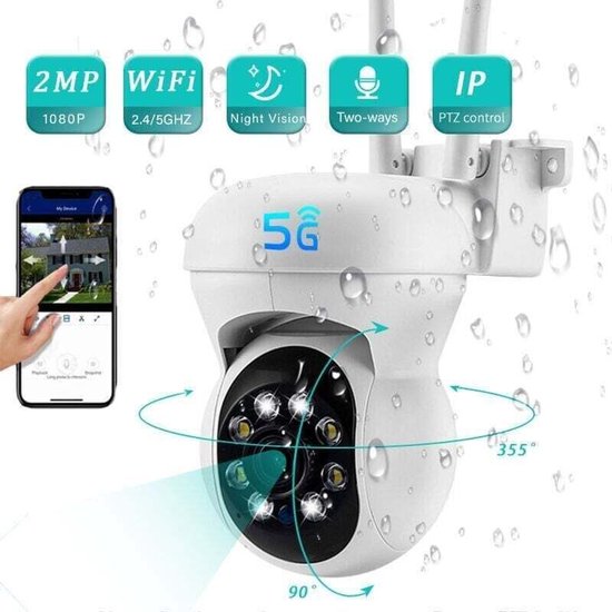 Buitencamera met IP WiFi 2.4 + 5G HD 1080P – Kleuren nachtzicht – Persoonsvolging – 355° horizontale rotatie – 90° verticale rotatie – PTZ 2MP