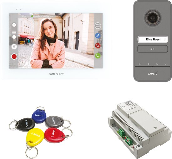CAME Video-intercomset voor ééngezinswoningen, bestaande uit een witte XTS 7″-wandmonitor, uitgerust met WIFI voor afstandsbediening, LHS V/01 PLUS-wandpost, voeding en 5 proximity-tags met 125 kHz RFID-technologie van Merkloos