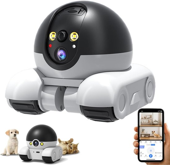 Camera Robot - Beveiligingscamera Binnen - 2MP Ultra HD - Huisdiercamera - Petcam - Hondencamera - Met WiFi - Volgt Beweging en Geluidsdetectie - Indoor Camera - Nachtzicht - Robotcamera op Wielen - 2.4 G - Zwart van Merkloos