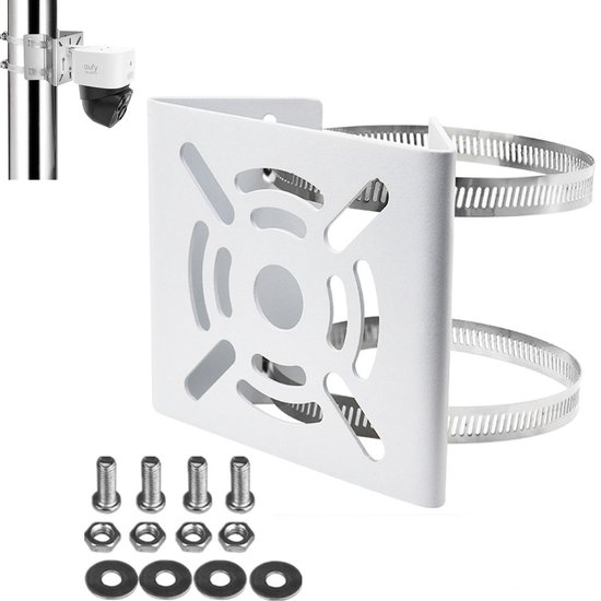 Camerabeugel - Mastbeugel - Bevestigingsbeugel voor mast van beveiligingscamera - Universele verticale paalbeugel voor beveiligingscamera's - Metalen beugel - Verstelbare clips - Geschikt voor beveiligingscamera's - Wit