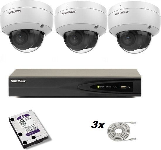 Cameraset met 3 maal 8 megapixel Hikvision DS-2CD2186G2-I 2.8mm 8mp camera’s, Hikvision recorder en Western Digital harde schijf van Hikvision