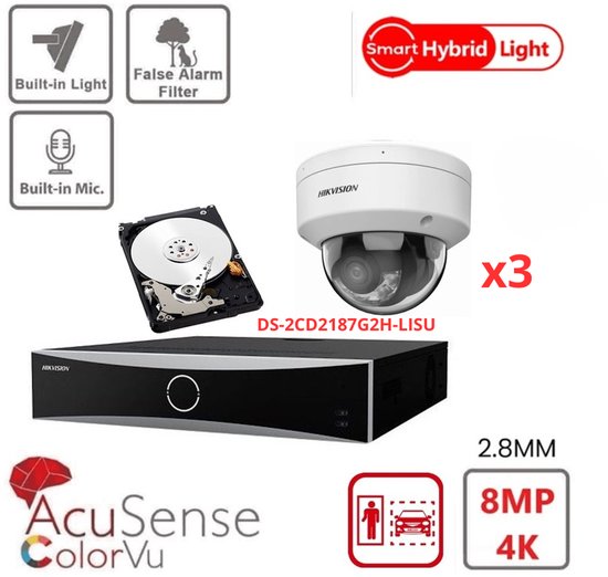 Cameraset met 3 maal 8 megapixel Hikvision DS-2CD2186G2-I 2.8mm 8mp camera’s, Hikvision recorder en Western Digital harde schijf