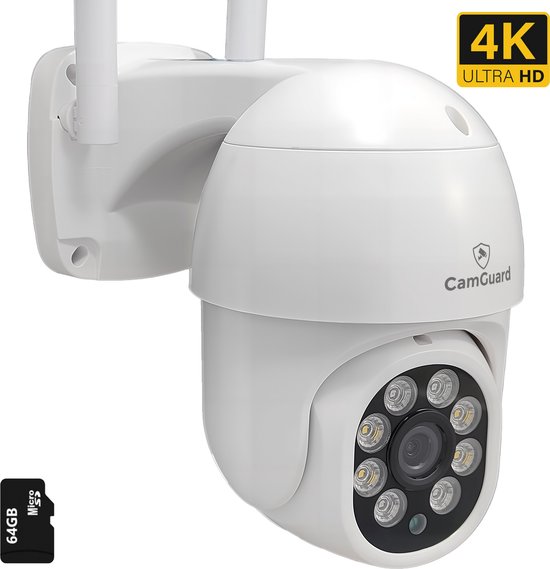 Camguard Beveiligingscamera 4K HD – Buiten camera met nachtzicht - Met WiFi en App – Bewegingsdetectie en pushmeldingen - Bestuurbaar - Incl. 64GB SD kaart van Merkloos