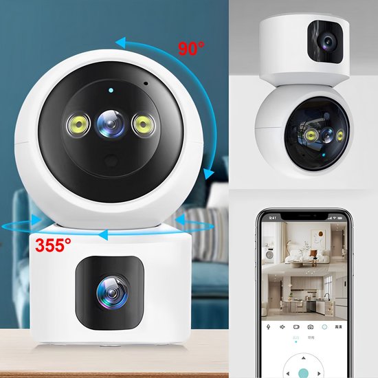 CHIWIN - Draadloze Beveiligingscamera Binnen - Huisdiercamera met Spreken - FHD 1080P Dubbele Camera - 355° & 90° Draaibaar - Tweeweg Audio - Slim Nachtzicht & Geluidsalarm - Zonder Dode Hoeken - Dubbele opslag microSD-kaart - Wit van Chi
